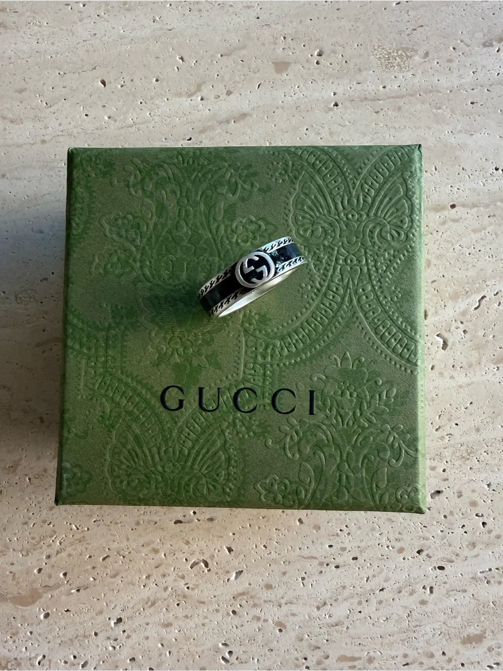 NWT GUCCI INTERLOCKING G RING STERLING SILVER BLACK ENAMEL DESIGNER SIZE: 19